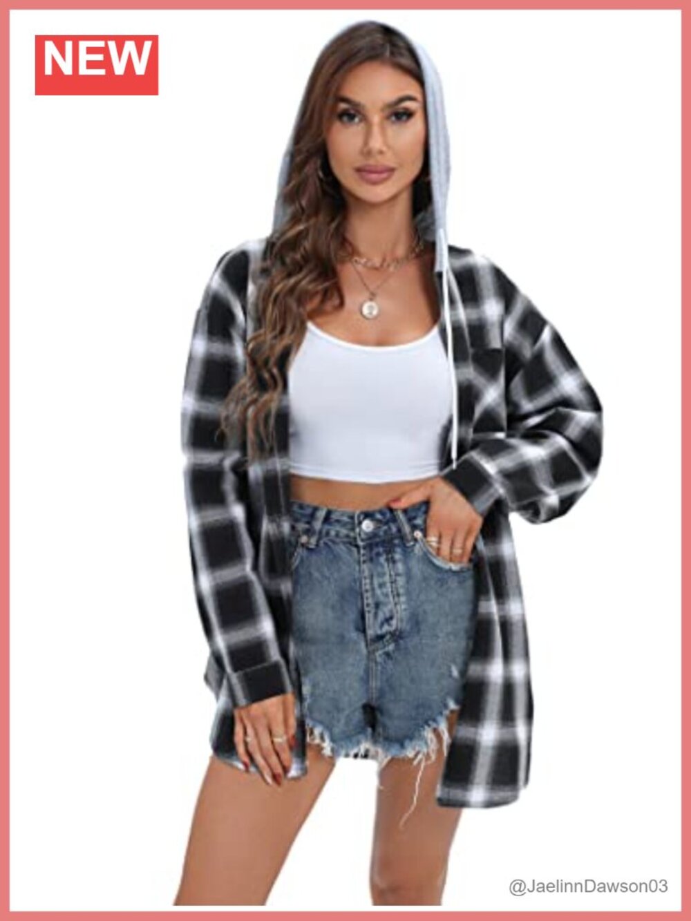 Oversized Plaid Flannel Shirt Hoodie Long Sleeve Button Down Blouse